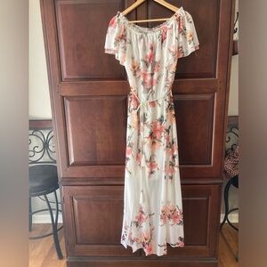 WHBM Ivory with coral and olive floral design long dress. size Large